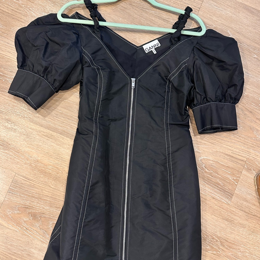 Ganni Black Puff Sleeves Mini with Zipper